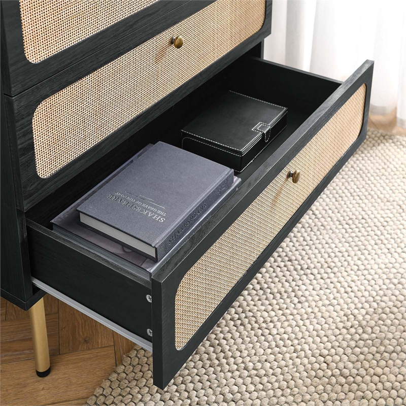 Modway Chaucer 3-Drawer Particleboard and Rattan Chest in Black