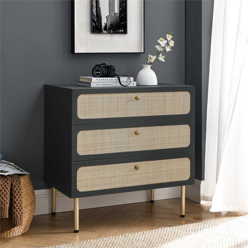 Modway Chaucer 3-Drawer Particleboard and Rattan Chest in Black