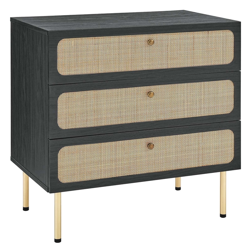 Modway Chaucer 3-Drawer Particleboard and Rattan Chest in Black