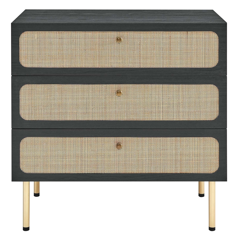 Modway Chaucer 3-Drawer Particleboard and Rattan Chest in Black
