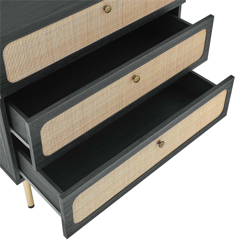 Modway Chaucer 3-Drawer Particleboard and Rattan Chest in Black