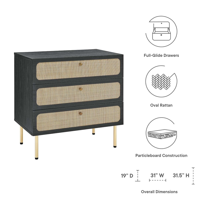 Modway Chaucer 3-Drawer Particleboard and Rattan Chest in Black