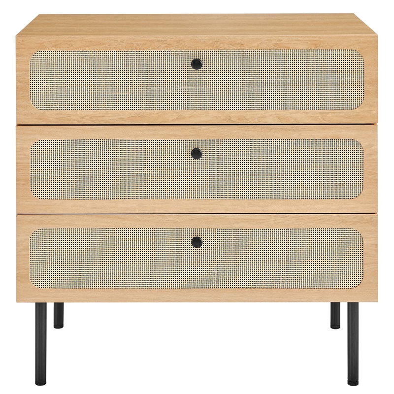 Modway Chaucer 3-Drawer Particleboard and Rattan Chest in Oak