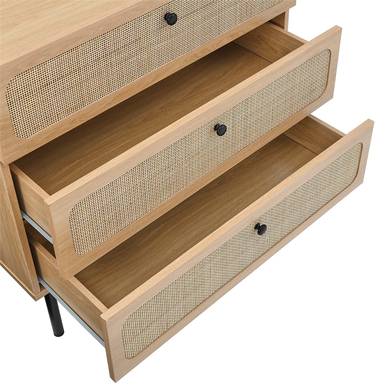 Modway Chaucer 3-Drawer Particleboard and Rattan Chest in Oak