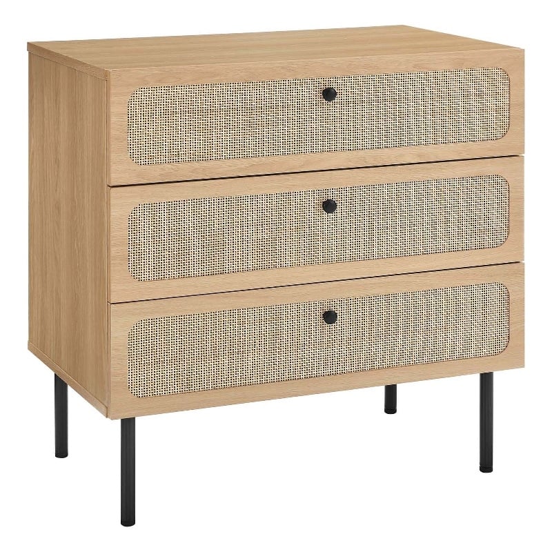 Modway Chaucer 3-Drawer Particleboard and Rattan Chest in Oak