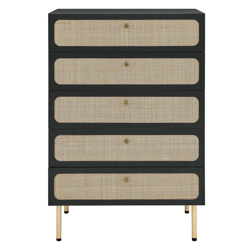 Modway Chaucer 5-Drawer Particleboard and Rattan Chest in Black