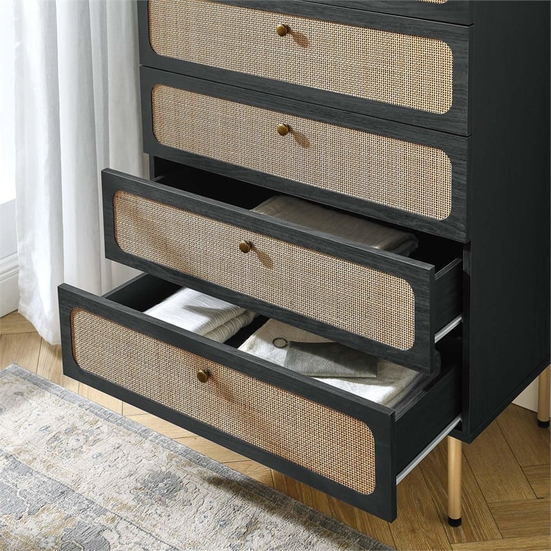 Modway Chaucer 5-Drawer Particleboard and Rattan Chest in Black