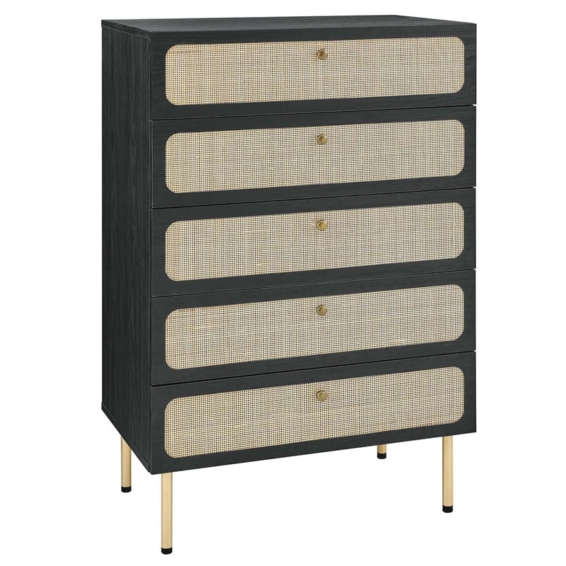Modway Chaucer 5-Drawer Particleboard and Rattan Chest in Black