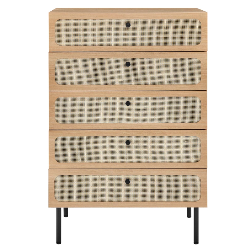 Modway Chaucer 5-Drawer Particleboard and Rattan Chest in Oak