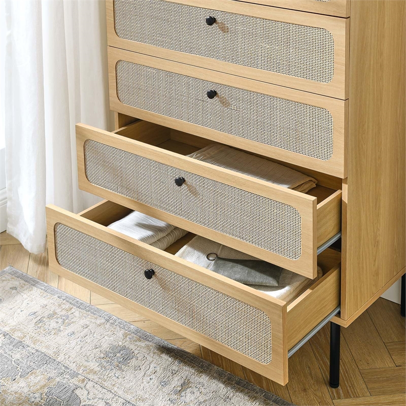 Modway Chaucer 5-Drawer Particleboard and Rattan Chest in Oak