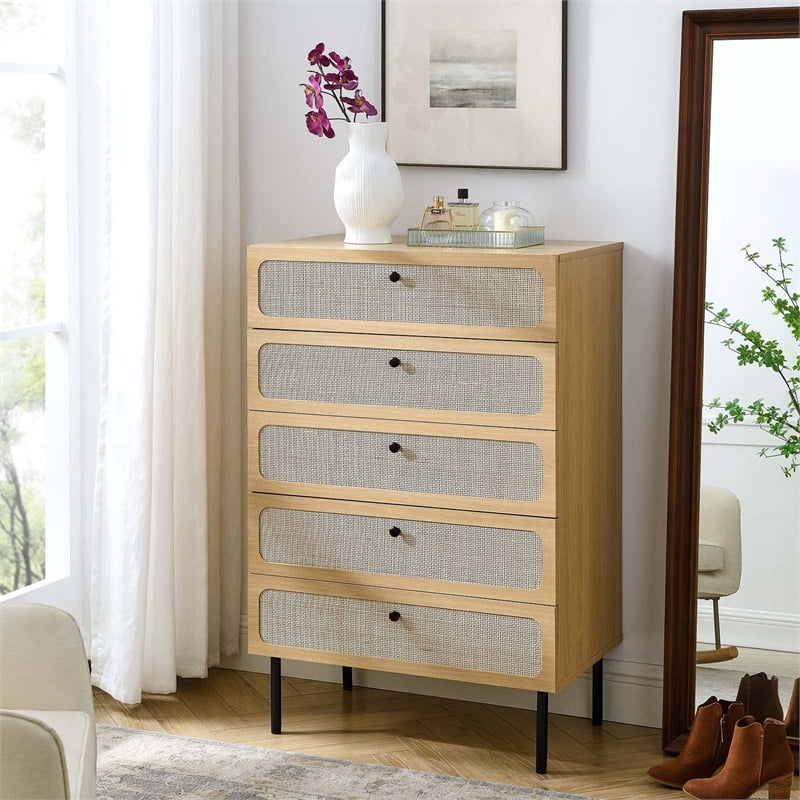 Modway Chaucer 5-Drawer Particleboard and Rattan Chest in Oak