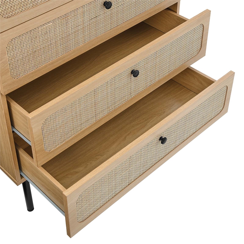 Modway Chaucer 5-Drawer Particleboard and Rattan Chest in Oak