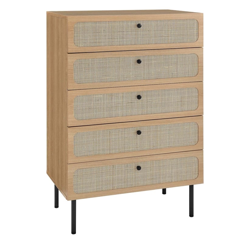 Modway Chaucer 5-Drawer Particleboard and Rattan Chest in Oak