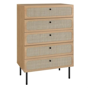 Modway Chaucer 5-Drawer Particleboard and Rattan Chest in Oak
