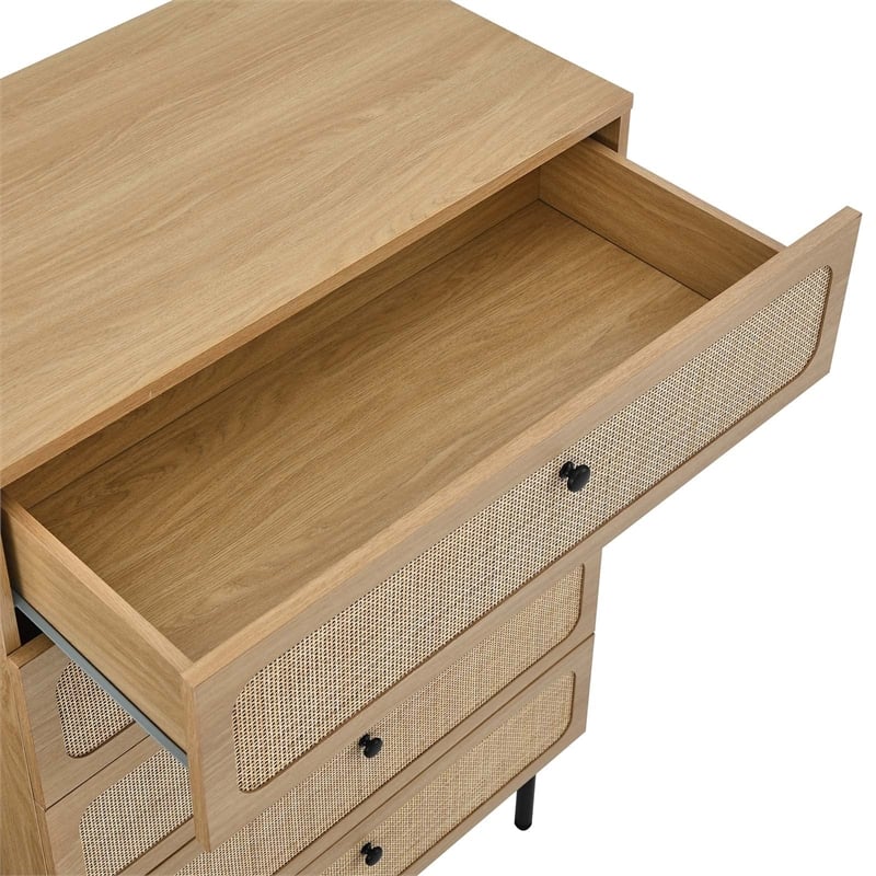 Modway Chaucer 5-Drawer Particleboard and Rattan Chest in Oak