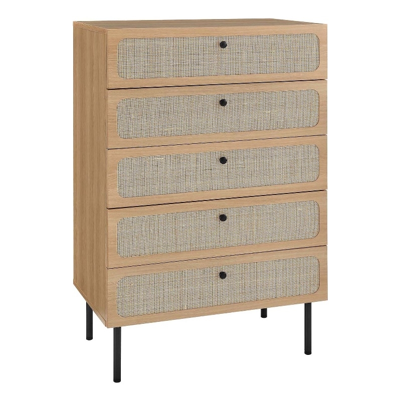 Modway Chaucer 5-Drawer Particleboard and Rattan Chest in Oak