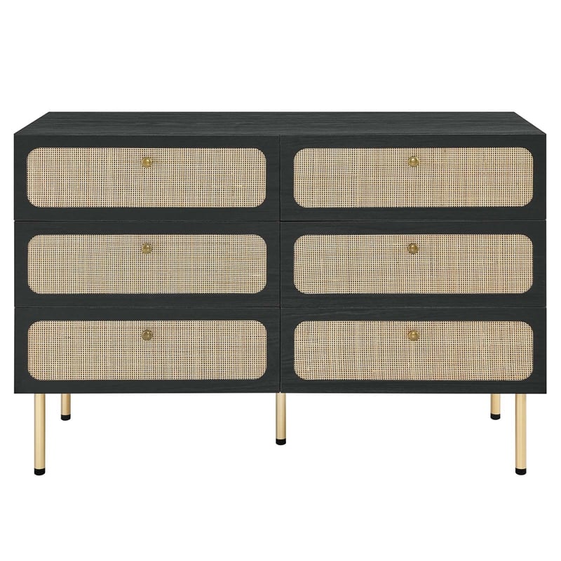 Modway Chaucer 6-Drawer Particleboard and Rattan Compact Dresser in Black