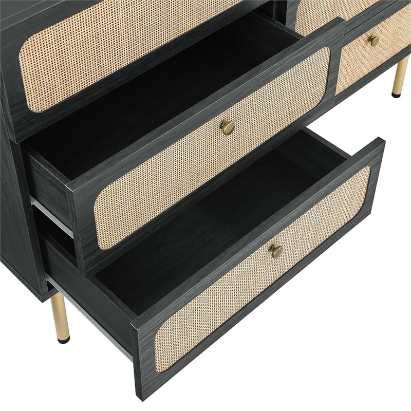 Modway Chaucer 6-Drawer Particleboard and Rattan Compact Dresser in Black