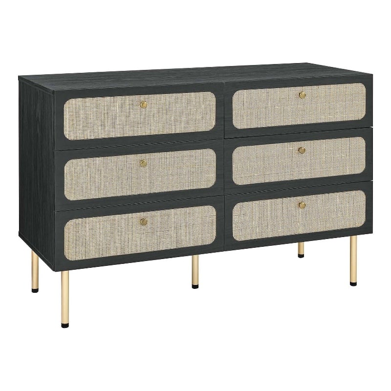 Modway Chaucer 6-Drawer Particleboard and Rattan Compact Dresser in Black