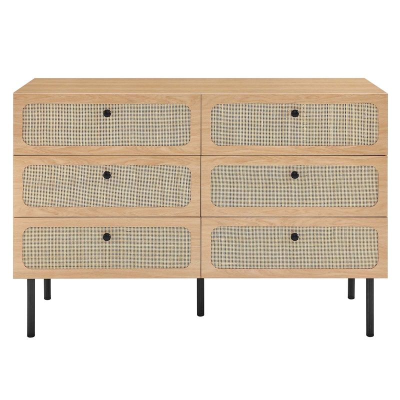 Modway Chaucer 6-Drawer Particleboard and Rattan Compact Dresser in Oak