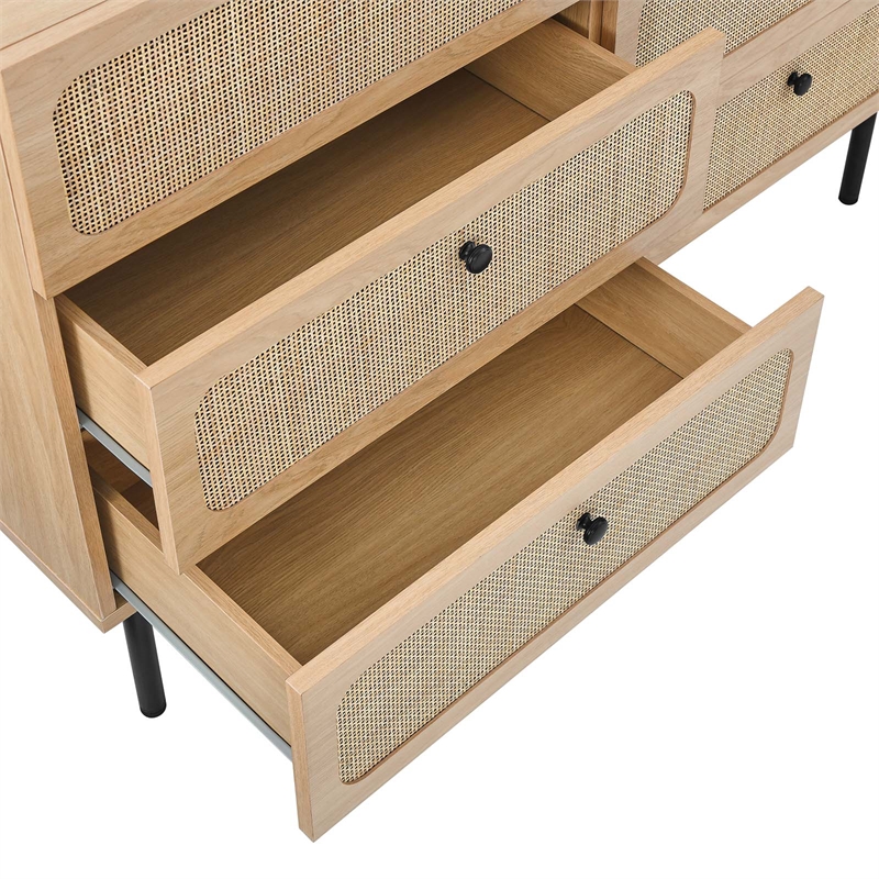 Modway Chaucer 6-Drawer Particleboard and Rattan Compact Dresser in Oak