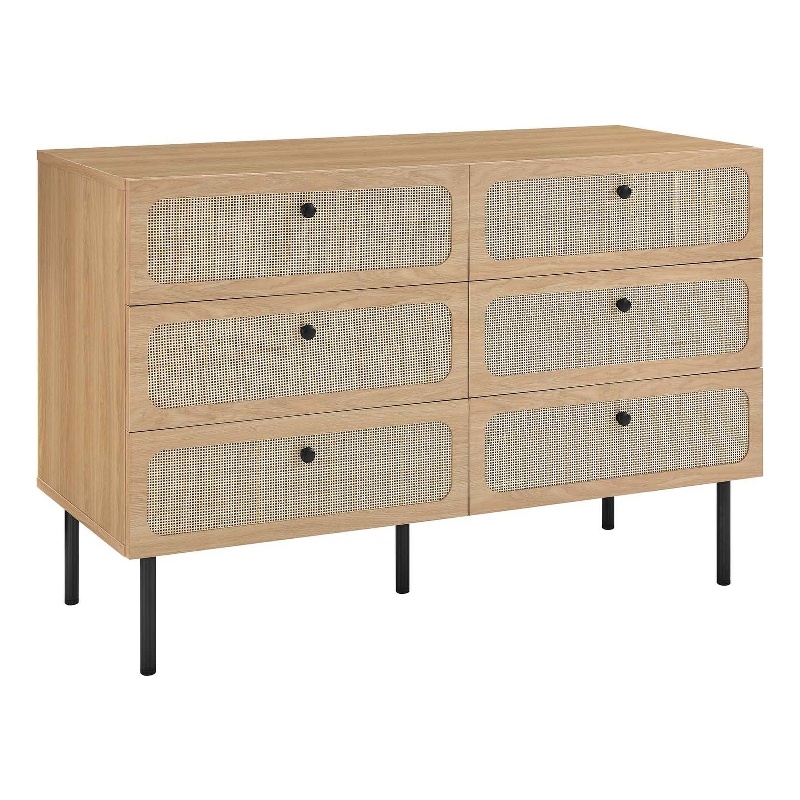 Modway Chaucer 6-Drawer Particleboard and Rattan Compact Dresser in Oak
