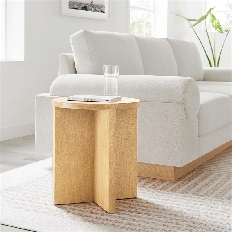 Modway Silas Round Modern Wood Side Table with X-Shaped Base in Natural