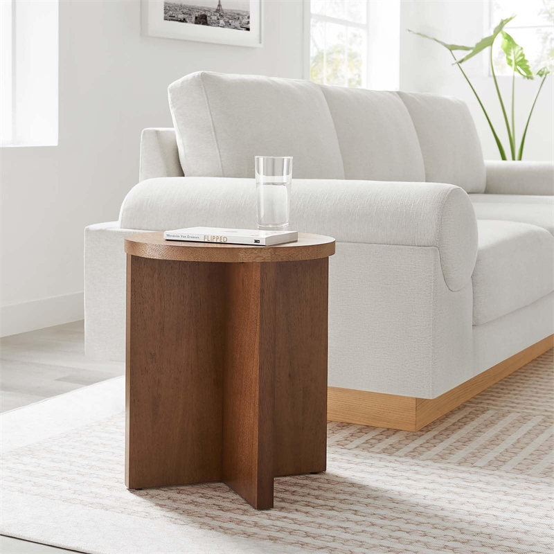 Modway Silas Round Modern Wood Side Table with X-Shaped Base in Walnut