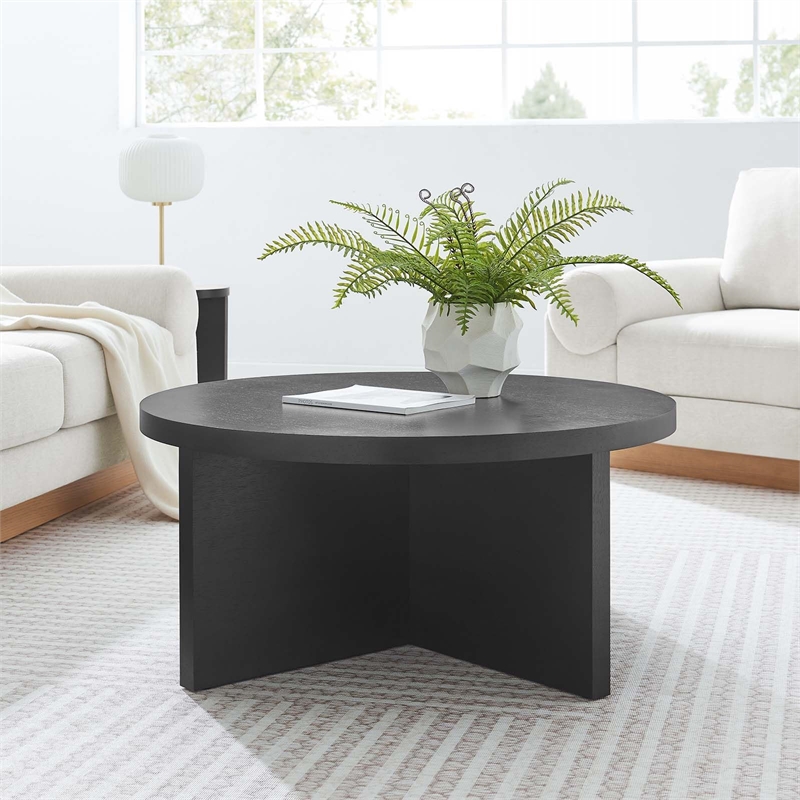 Modway Silas Round Modern Wood Coffee Table with X-Shaped Base in Black