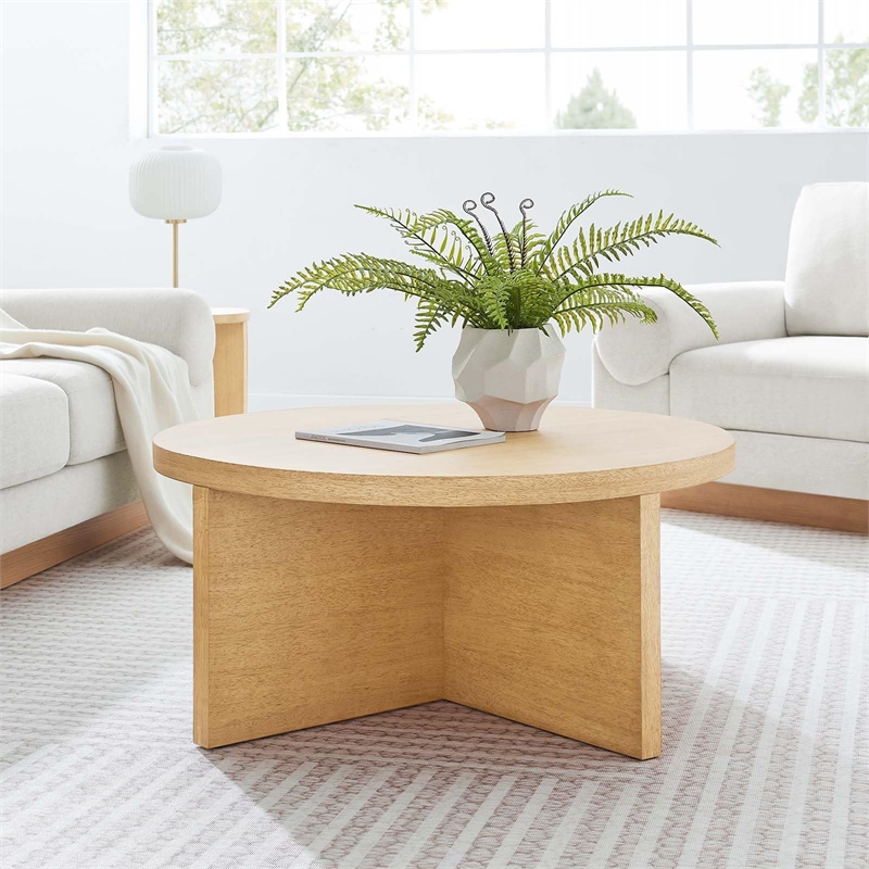 Modway Silas Round Modern  Wood Coffee Table with X-Shaped Base in Natural