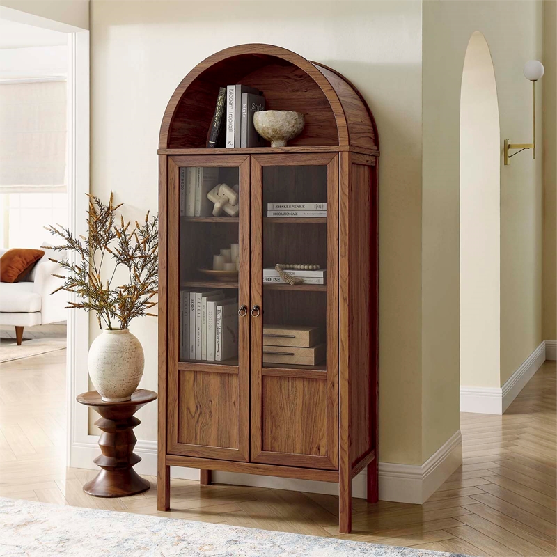 Modway Tessa Wood Tall Storage Display Cabinet with Rounded Arched Top in Walnut