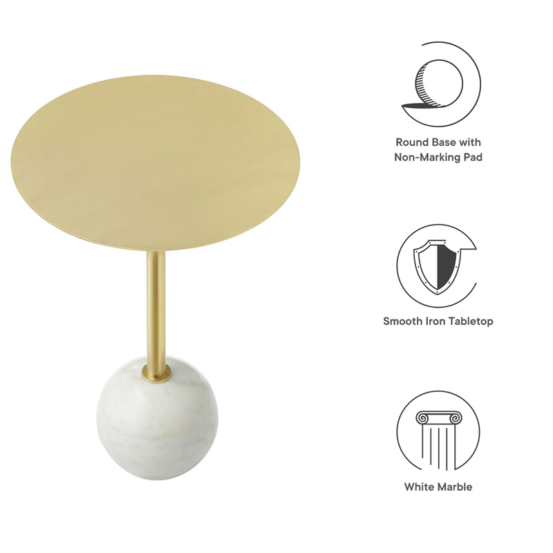 Modway Aliza Round Iron Metal & Marble Side Table in Brass and White