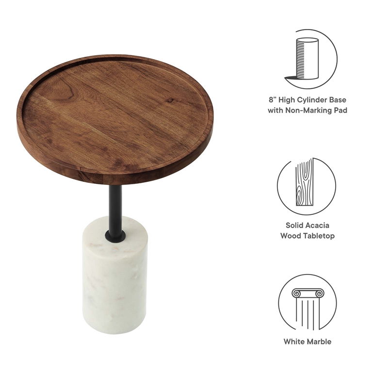 Modway Amina Round Acacia Wood Side Table in White and Light Oak