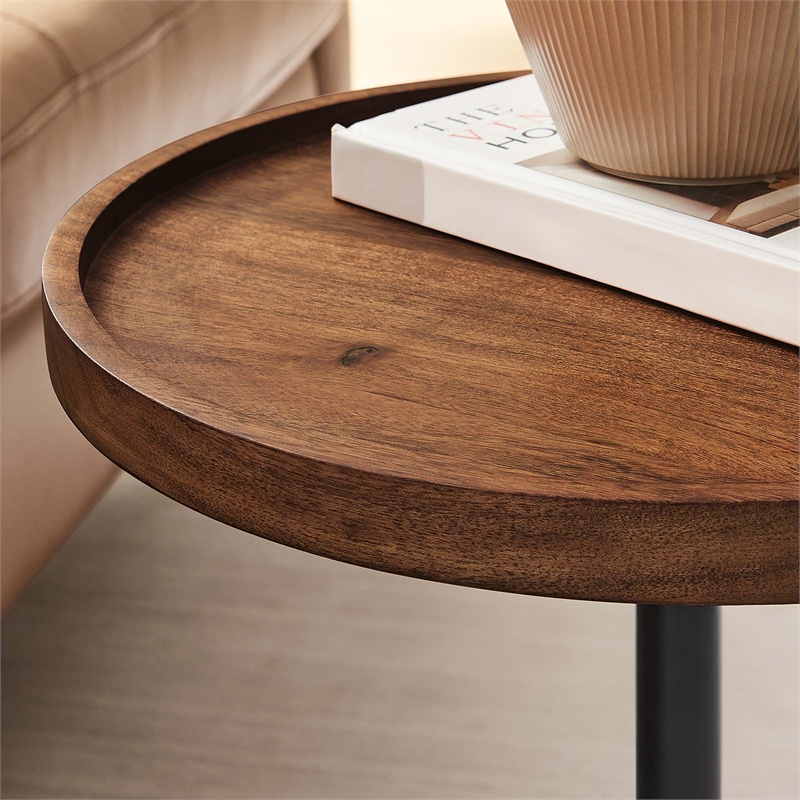 Modway Amina Round Acacia Wood Side Table in White and Light Oak
