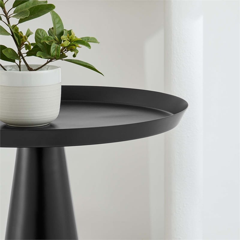 Modway Maren Round Iron Metal Side Table with Conical Pedestal Base in Black