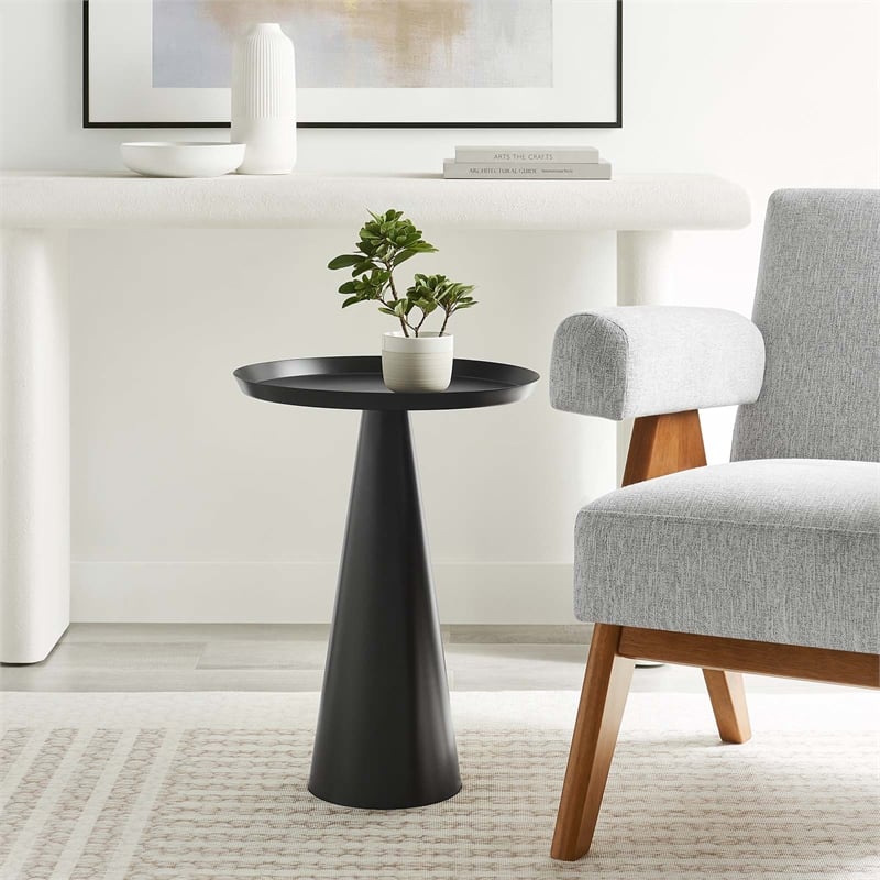 Modway Maren Round Iron Metal Side Table with Conical Pedestal Base in Black