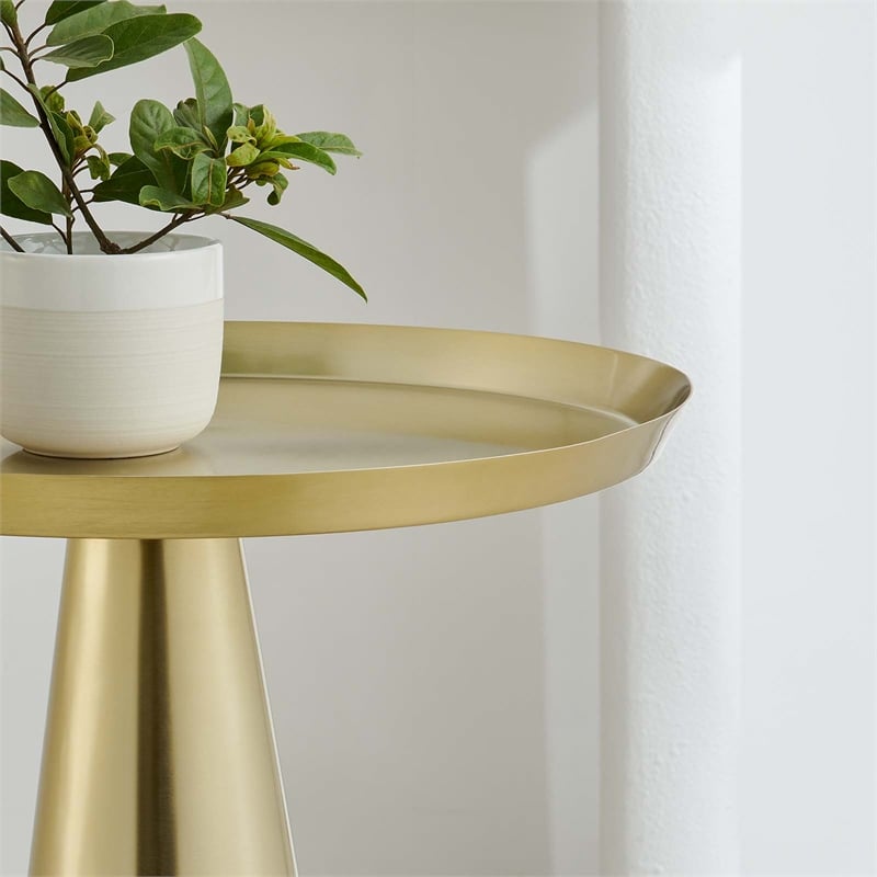 Modway Maren Round Iron Metal Side Table with Conical Pedestal Base in Brass