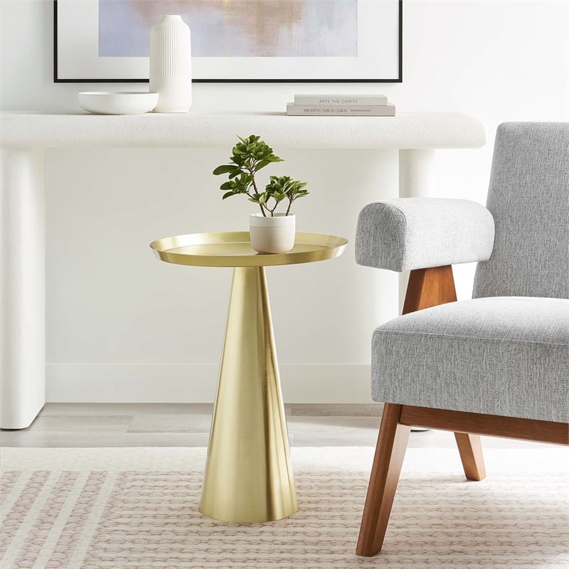 Modway Maren Round Iron Metal Side Table with Conical Pedestal Base in Brass