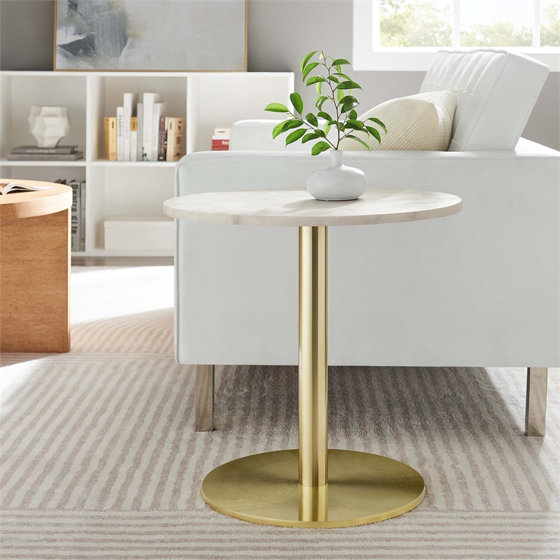 Modway Viva Round Metal & Marble Side Table in Brass and White