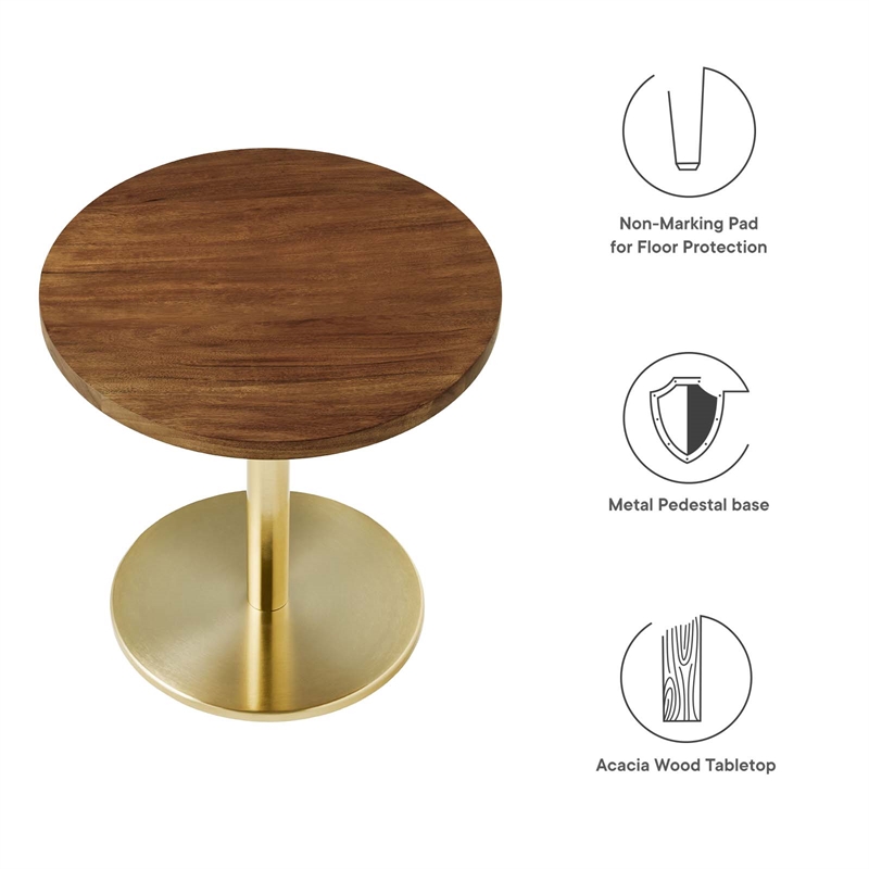 Modway Viva Round Metal & Acacia Wood Side Table in Brass and Light Oak