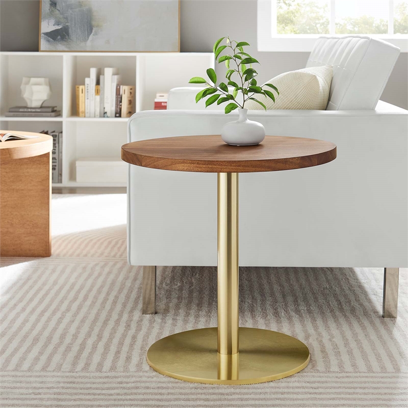 Modway Viva Round Metal & Acacia Wood Side Table in Brass and Light Oak