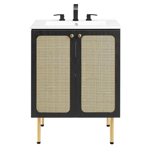 Modway Chaucer 24&quot Wood & Rattan Bathroom Vanity in Black/White