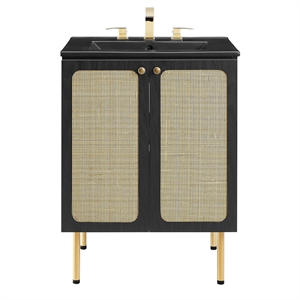 Modway Chaucer 24&quot Wood & Rattan Bathroom Vanity with Adjustable Shelf in Black