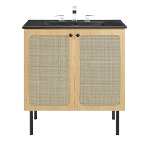 Modway Chaucer 30&quot Wood & Rattan Bathroom Vanity in Oak/Black