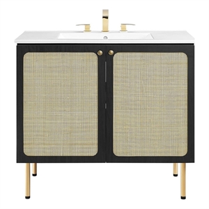 Modway Chaucer 36&quot Wood & Rattan Bathroom Vanity in Black/White