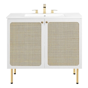 Modway Chaucer 36&quot Wood & Rattan Bathroom Vanity with Adjustable Shelf in White