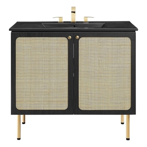 Modway Chaucer 36&quot Wood & Rattan Bathroom Vanity with Adjustable Shelf in Black