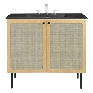 Modway Chaucer 48&quot Wood & Rattan Bathroom Vanity Cabinet in Black/Oak