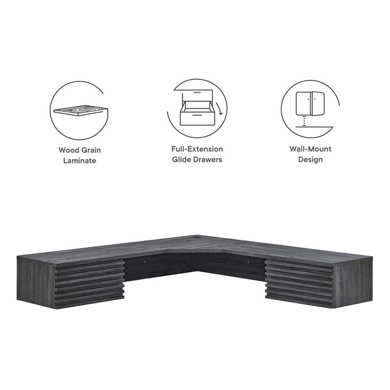 Modway Render Wall Mount Corner Modern Wood Office Desk in Charcoal