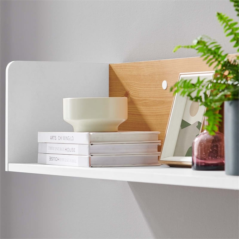 Modway Kinetic Wall-Mount Modern Wood Shelf in White and Natural